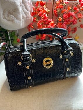 Black Croc-Embossed Mini Barrel Bag with Gold Medallion Accent